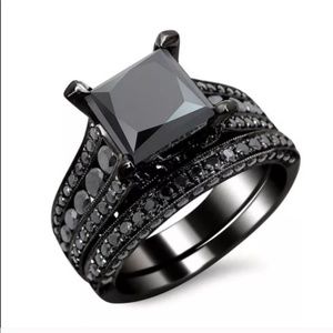 Black Gray Engagement Ring Wedding Band Bridal Set